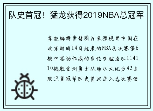 队史首冠！猛龙获得2019NBA总冠军
